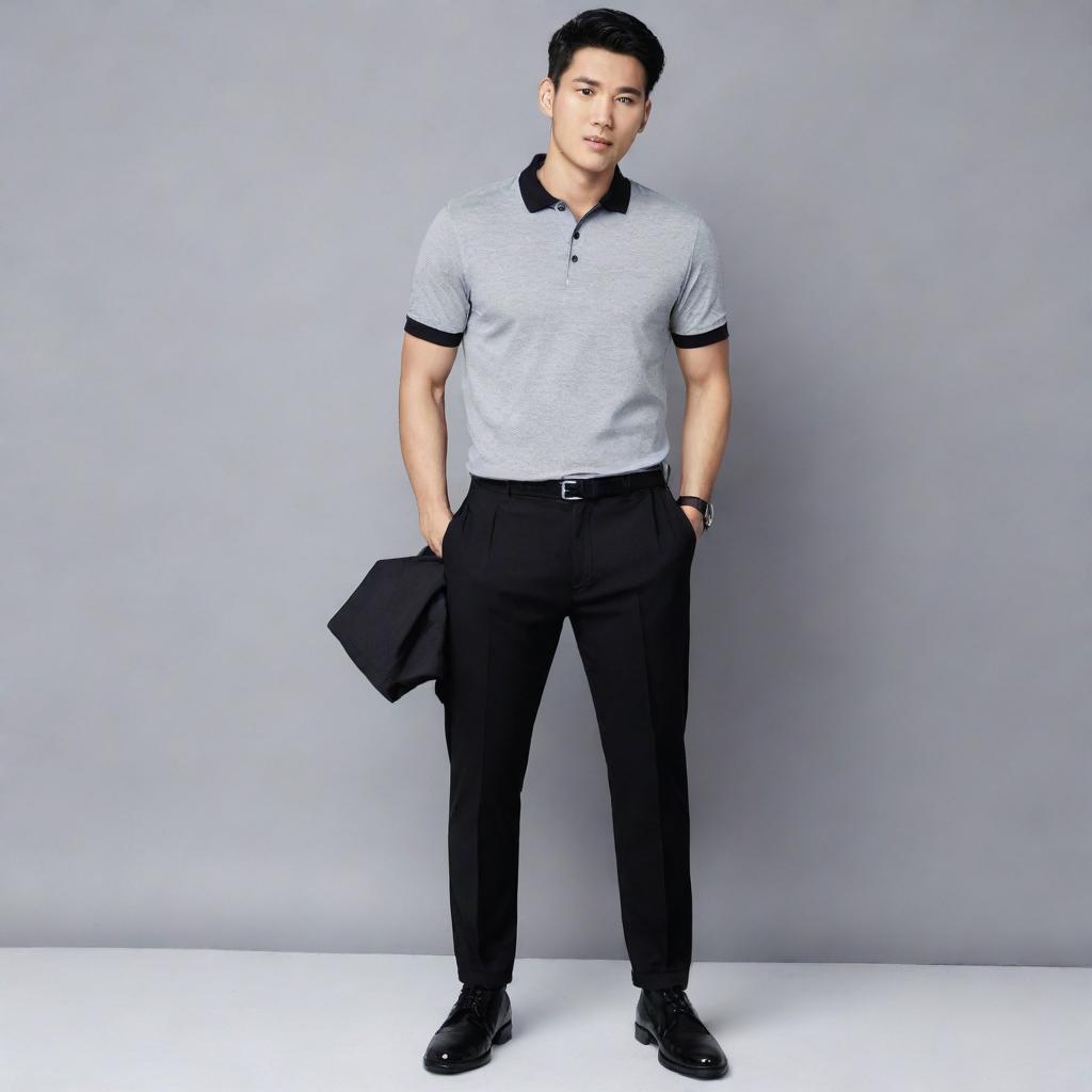 An Asian male in a sophisticated look with a plain grey polo shirt tucked into black pants, matched with polished black shoes.