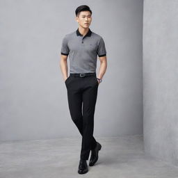 An Asian male in a sophisticated look with a plain grey polo shirt tucked into black pants, matched with polished black shoes.