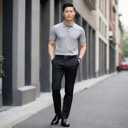 An Asian male in a sophisticated look with a plain grey polo shirt tucked into black pants, matched with polished black shoes.