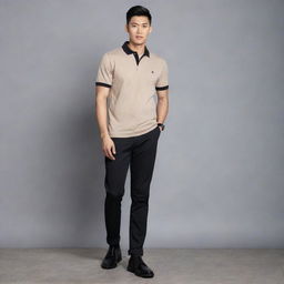 A classy Asian male dressed in a plain beige polo shirt tucked into black pants, styled with sleek black shoes.