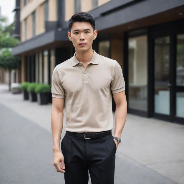 A classy Asian male dressed in a plain beige polo shirt tucked into black pants, styled with sleek black shoes.