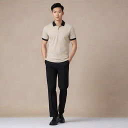 A classy Asian male dressed in a plain beige polo shirt tucked into black pants, styled with sleek black shoes.