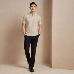 A classy Asian male dressed in a plain beige polo shirt tucked into black pants, styled with sleek black shoes.