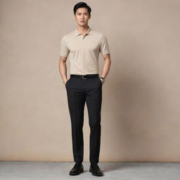 A classy Asian male dressed in a plain beige polo shirt tucked into black pants, complemented by polished black shoes.