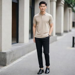 A classy Asian male dressed in a plain beige polo shirt tucked into black pants, complemented by polished black shoes.