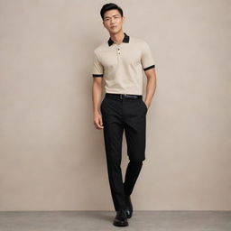 A classy Asian male dressed in a plain beige polo shirt tucked into black pants, complemented by polished black shoes.