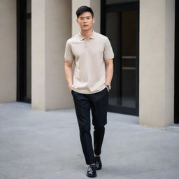 A classy Asian male dressed in a plain beige polo shirt tucked into black pants, complemented by polished black shoes.