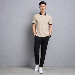 An Asian male fashionably dressed in a plain beige polo shirt tucked into black pants, teamed with trendy white shoes.