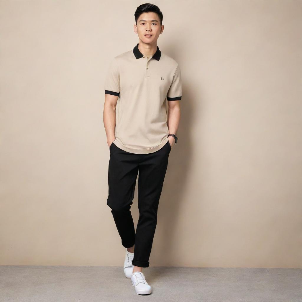 An Asian male fashionably dressed in a plain beige polo shirt tucked into black pants, teamed with trendy white shoes.