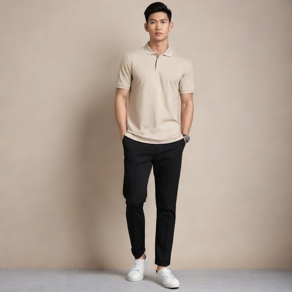 An Asian male fashionably dressed in a plain beige polo shirt tucked into black pants, teamed with trendy white shoes.