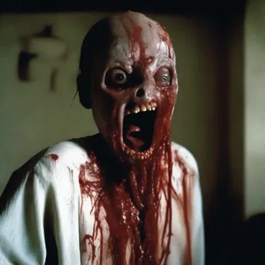 The horror movie depicted a character with a terrifying fistula oozing pus and blood.