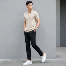 An Asian male fashionably dressed in a plain beige polo shirt tucked into black pants, teamed with trendy white shoes.