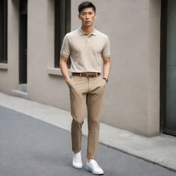 An Asian male stylishly attired in a plain beige polo shirt tucked into brown pants, paired with cool white shoes.