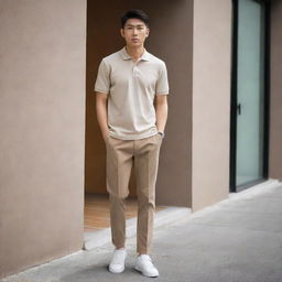 An Asian male stylishly attired in a plain beige polo shirt tucked into brown pants, paired with cool white shoes.