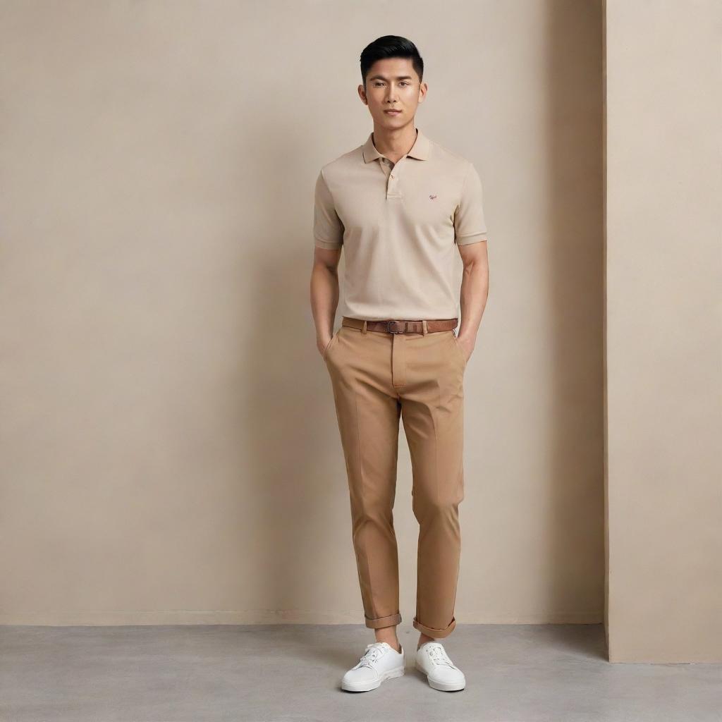 An Asian male stylishly attired in a plain beige polo shirt tucked into brown pants, paired with cool white shoes.