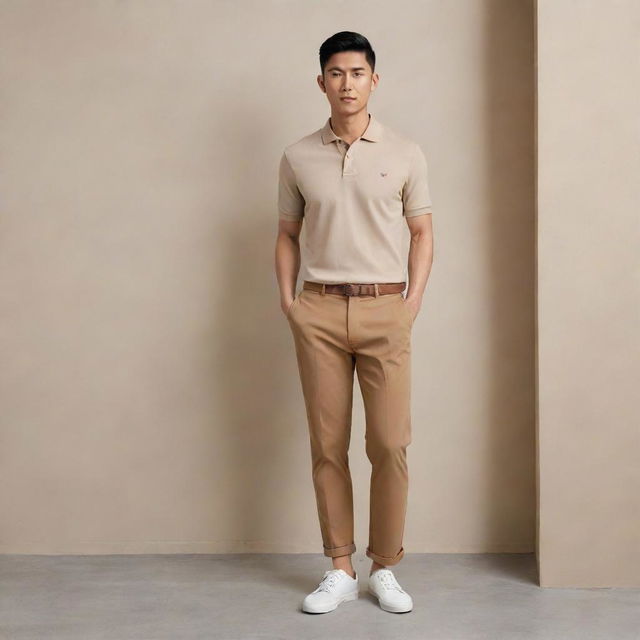 An Asian male stylishly attired in a plain beige polo shirt tucked into brown pants, paired with cool white shoes.