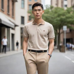 An Asian male stylishly attired in a plain beige polo shirt tucked into brown pants, paired with cool white shoes.