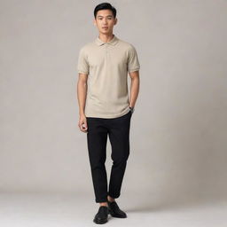 An Asian male dressed in a plain beige polo shirt neatly tucked into black pants, finished with black shoes.