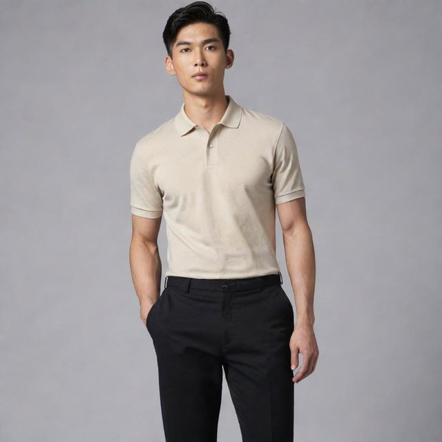 An Asian male dressed in a plain beige polo shirt neatly tucked into black pants, finished with black shoes.