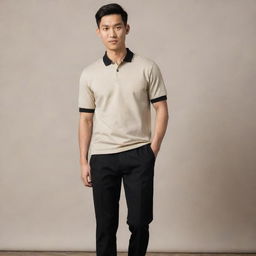 An Asian male dressed in a plain beige polo shirt neatly tucked into black pants, finished with black shoes.