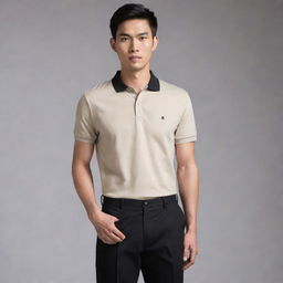 An Asian male dressed in a plain beige polo shirt neatly tucked into black pants, finished with black shoes.