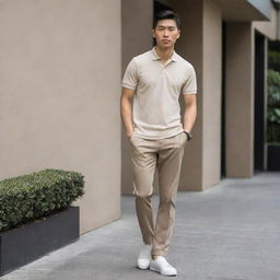 An Asian male looking sharp in a plain beige polo shirt tucked into dark brown pants, finished off with sleek white shoes.