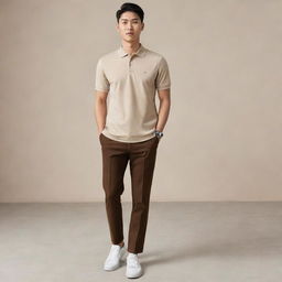 An Asian male looking sharp in a plain beige polo shirt tucked into dark brown pants, finished off with sleek white shoes.