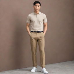 An Asian male looking sharp in a plain beige polo shirt tucked into dark brown pants, finished off with sleek white shoes.