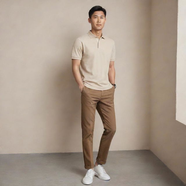 An Asian male looking sharp in a plain beige polo shirt tucked into dark brown pants, finished off with sleek white shoes.