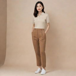 An Asian female showcasing a casual yet stylish look with a plain beige polo shirt tucked into brown pants, complemented by white shoes.