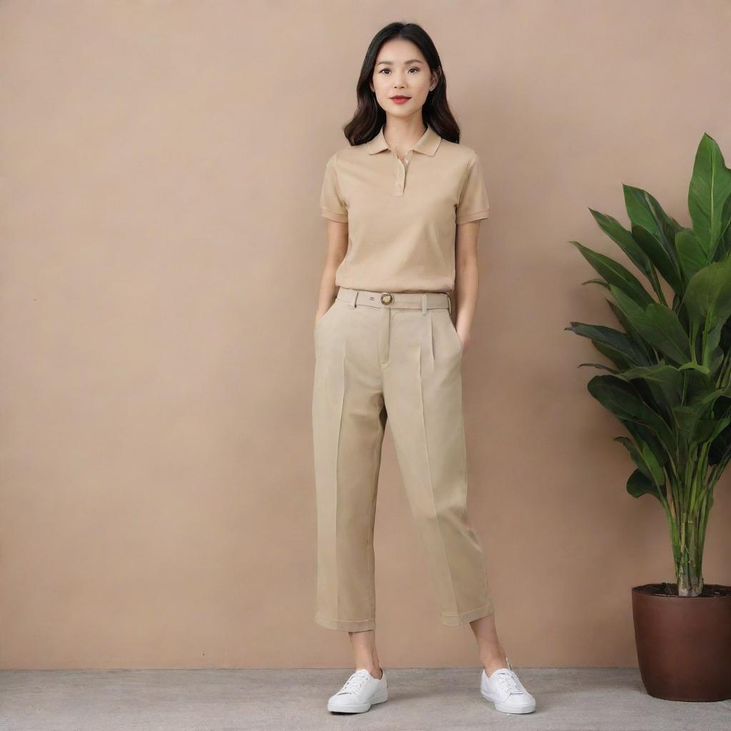 An Asian female showcasing a casual yet stylish look with a plain beige polo shirt tucked into brown pants, complemented by white shoes.