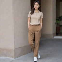 An Asian female showcasing a casual yet stylish look with a plain beige polo shirt tucked into brown pants, complemented by white shoes.