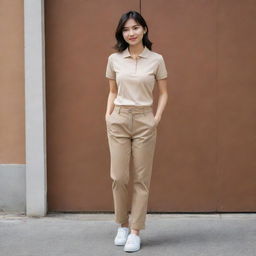 An Asian female showcasing a casual yet stylish look with a plain beige polo shirt tucked into brown pants, complemented by white shoes.