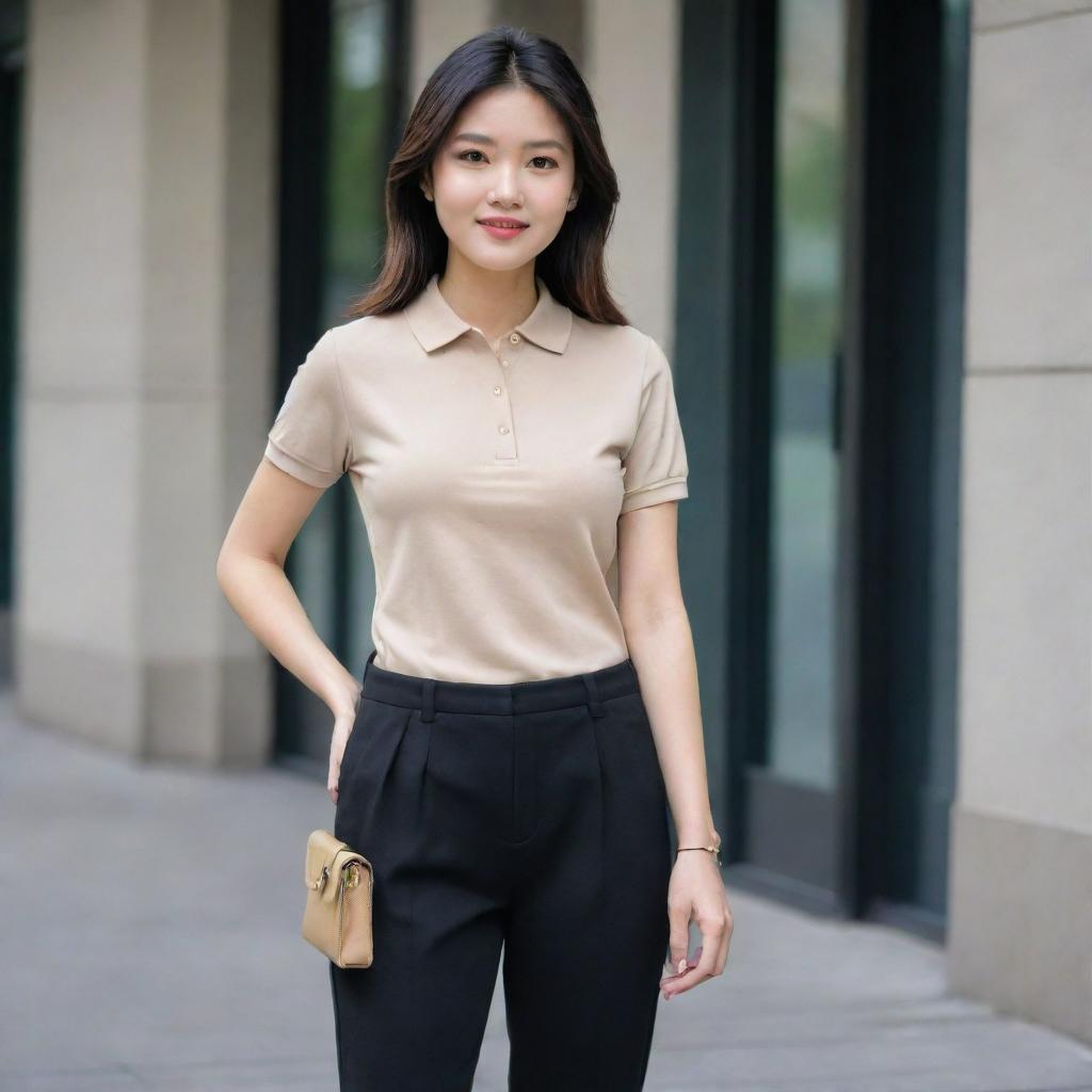 An Asian female sporting a minimalist chic look with a plain beige polo shirt tucked into black pants, and adorned with black doll shoes.