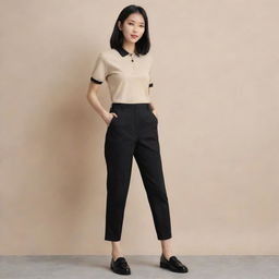 An Asian female sporting a minimalist chic look with a plain beige polo shirt tucked into black pants, and adorned with black doll shoes.