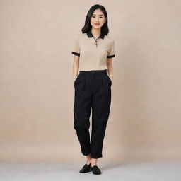 An Asian female sporting a minimalist chic look with a plain beige polo shirt tucked into black pants, and adorned with black doll shoes.