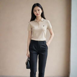 An Asian female sporting a minimalist chic look with a plain beige polo shirt tucked into black pants, and adorned with black doll shoes.