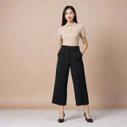 A chic Asian female elegantly dressed in a plain beige polo shirt tucked into black pants, accentuated by stylish black doll shoes.