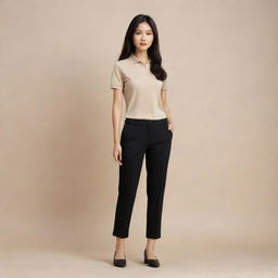 A chic Asian female elegantly dressed in a plain beige polo shirt tucked into black pants, accentuated by stylish black doll shoes.