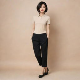 A chic Asian female elegantly dressed in a plain beige polo shirt tucked into black pants, accentuated by stylish black doll shoes.