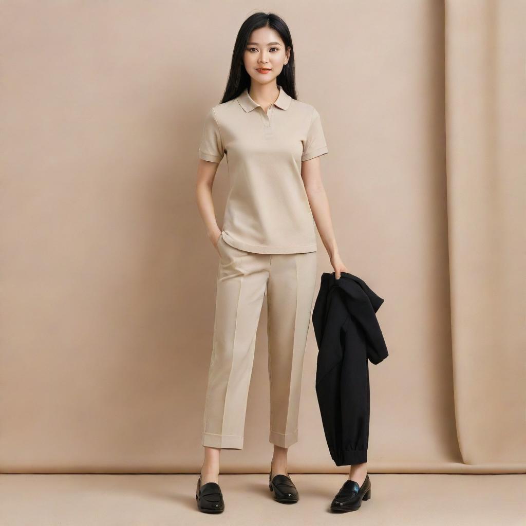 A chic Asian female elegantly dressed in a plain beige polo shirt tucked into black pants, accentuated by stylish black doll shoes.