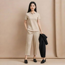 A chic Asian female elegantly dressed in a plain beige polo shirt tucked into black pants, accentuated by stylish black doll shoes.