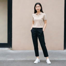 An Asian female displaying a trendy look with a plain beige polo shirt neatly tucked into black pants, paired with fresh white shoes.