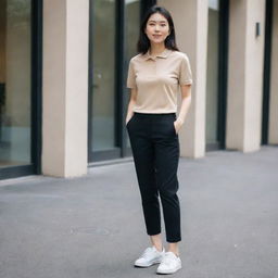 An Asian female displaying a trendy look with a plain beige polo shirt neatly tucked into black pants, paired with fresh white shoes.