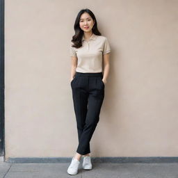 An Asian female displaying a trendy look with a plain beige polo shirt neatly tucked into black pants, paired with fresh white shoes.