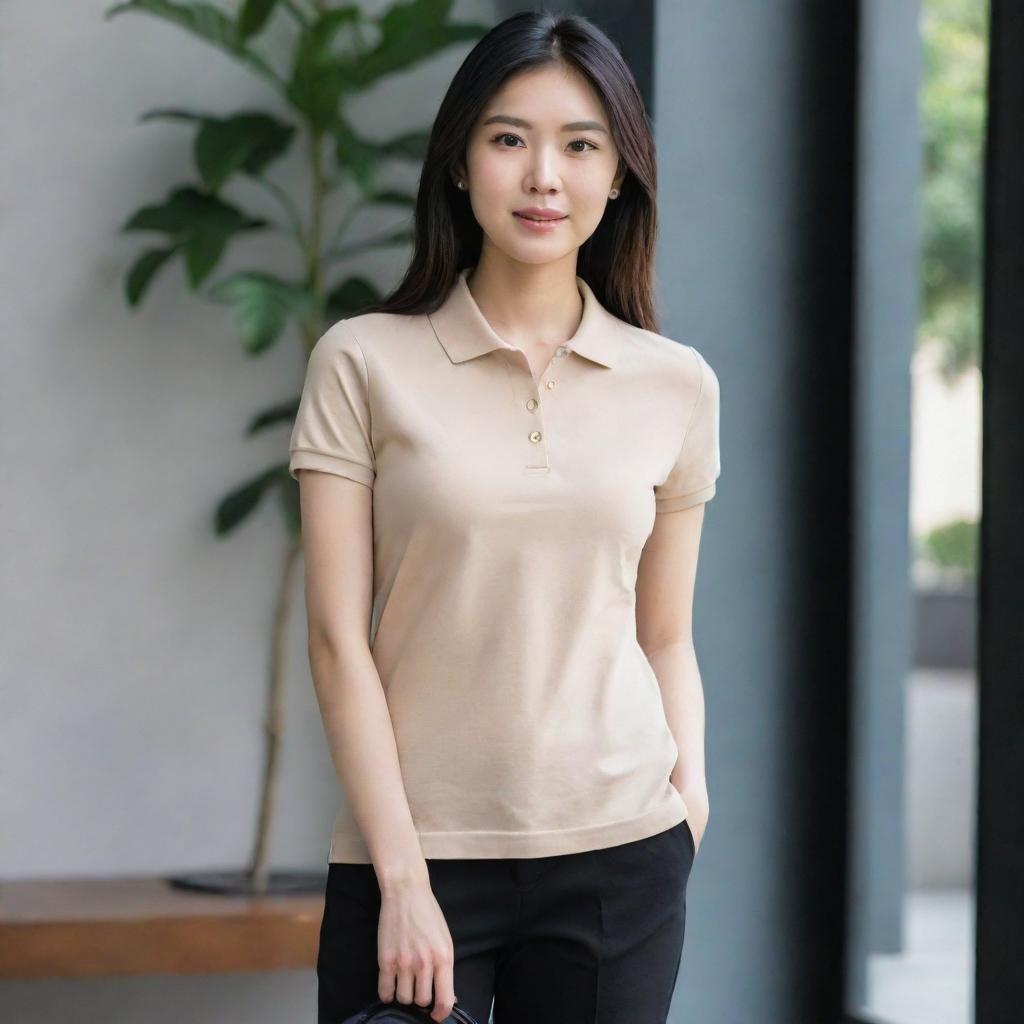 An Asian female displaying a trendy look with a plain beige polo shirt neatly tucked into black pants, paired with fresh white shoes.