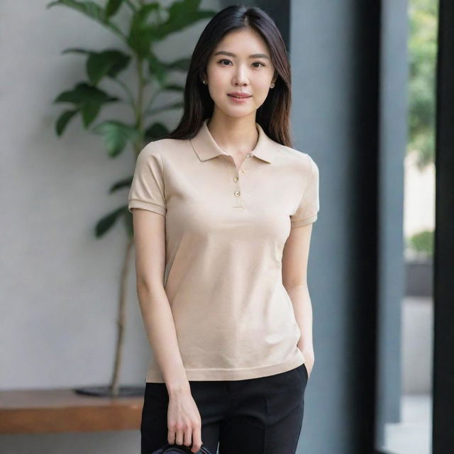 An Asian female displaying a trendy look with a plain beige polo shirt neatly tucked into black pants, paired with fresh white shoes.