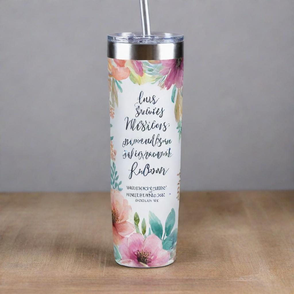 Design a 20oz skinny tumbler with a Christian Bible verse 'His Mercies Are New' embodied. Incorporate inspirational sublimation elements. Ensure the template is straight and digital, ready for PNG download.