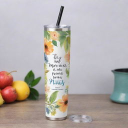 Design a 20oz skinny tumbler with a Christian Bible verse 'His Mercies Are New' embodied. Incorporate inspirational sublimation elements. Ensure the template is straight and digital, ready for PNG download.