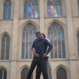 A young man being lifted in the air by another person in front of an old church with a towering steeple and stain glass windows.